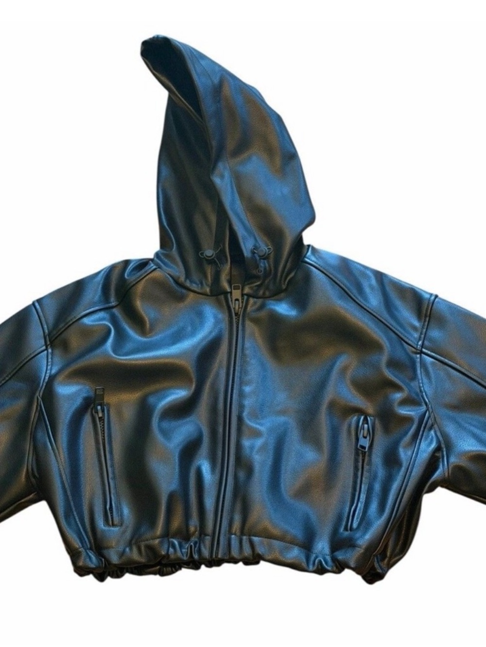 KHY Oversized Black Faux Leather Hooded Bomber Jacket Sz M - Picture 13 of 14